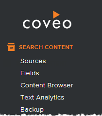New Feature side menu in Coveo Platform with options Search Content Sources Fields Content Browser Text Analytics Backup