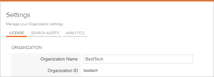Coveo Organization settings page displaying Organization Name BestTech and Organization ID besttech