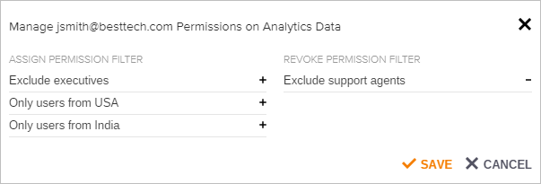 Permission filter panel to exclude executive and support groups and restrict USA and India for jsmith@besttech.com in Coveo Platform