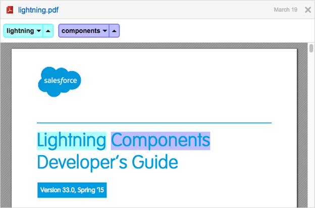 Coveo quick view panel displaying Developer's Guide document preview with March 19 header and close icon