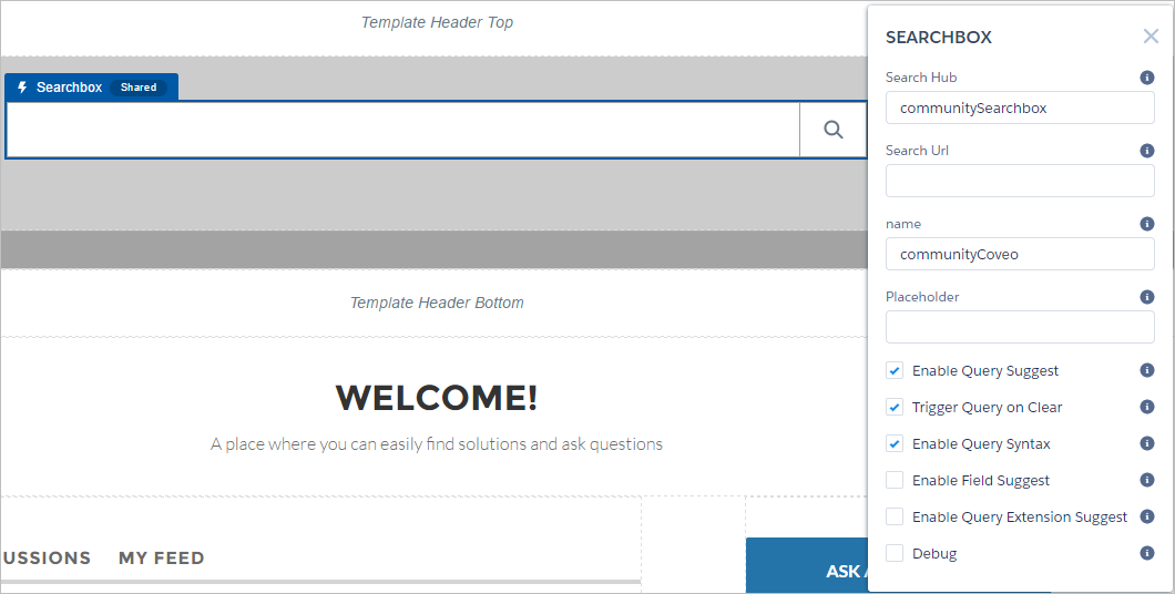 Coveo configuration page for standalone search box with options for query suggest field suggest and debug