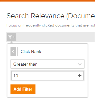 Coveo rule editor displaying Search Relevance filter for numerical dimension Click Rank with greater than condition and plus button