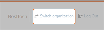 Coveo Platform interface highlighting the Switch organization dropdown in the navigation header