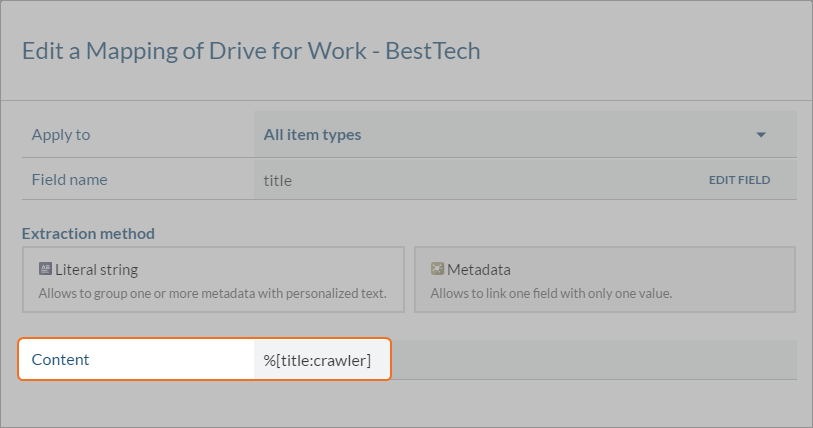 Mapping editor dialog in Coveo showing Drive for Work title field and extraction method options