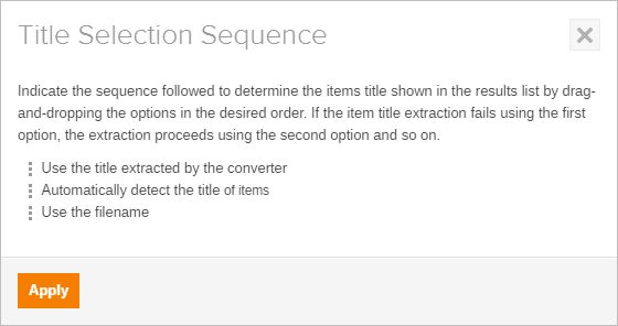 Coveo UI listing three draggable title extraction steps and Apply button for result item titles