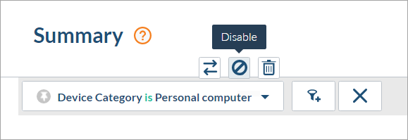 Coveo Platform dashboard displaying summary widget with 200 events and option to disable selected device category filter