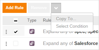 Coveo Pipelines Add Rule panel showing Type Rule Copy To with condition set to Expand any of Salesforce