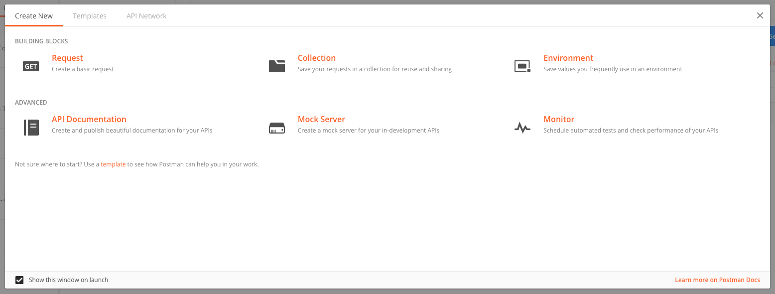 Postman Create New panel