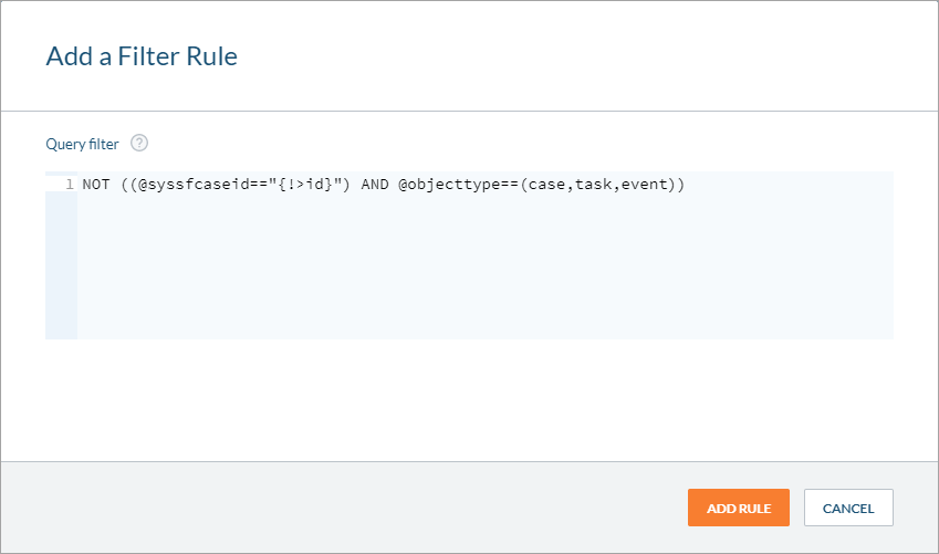 Add a Filter Rule panel displaying Query filter input with @) AND Gobjecttype==(case task event)) plus Add Rule button in Coveo Platform