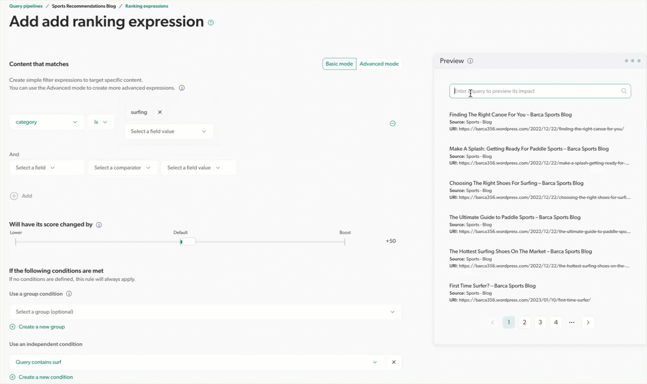 Example: a ranking expression rule boosting the score of items