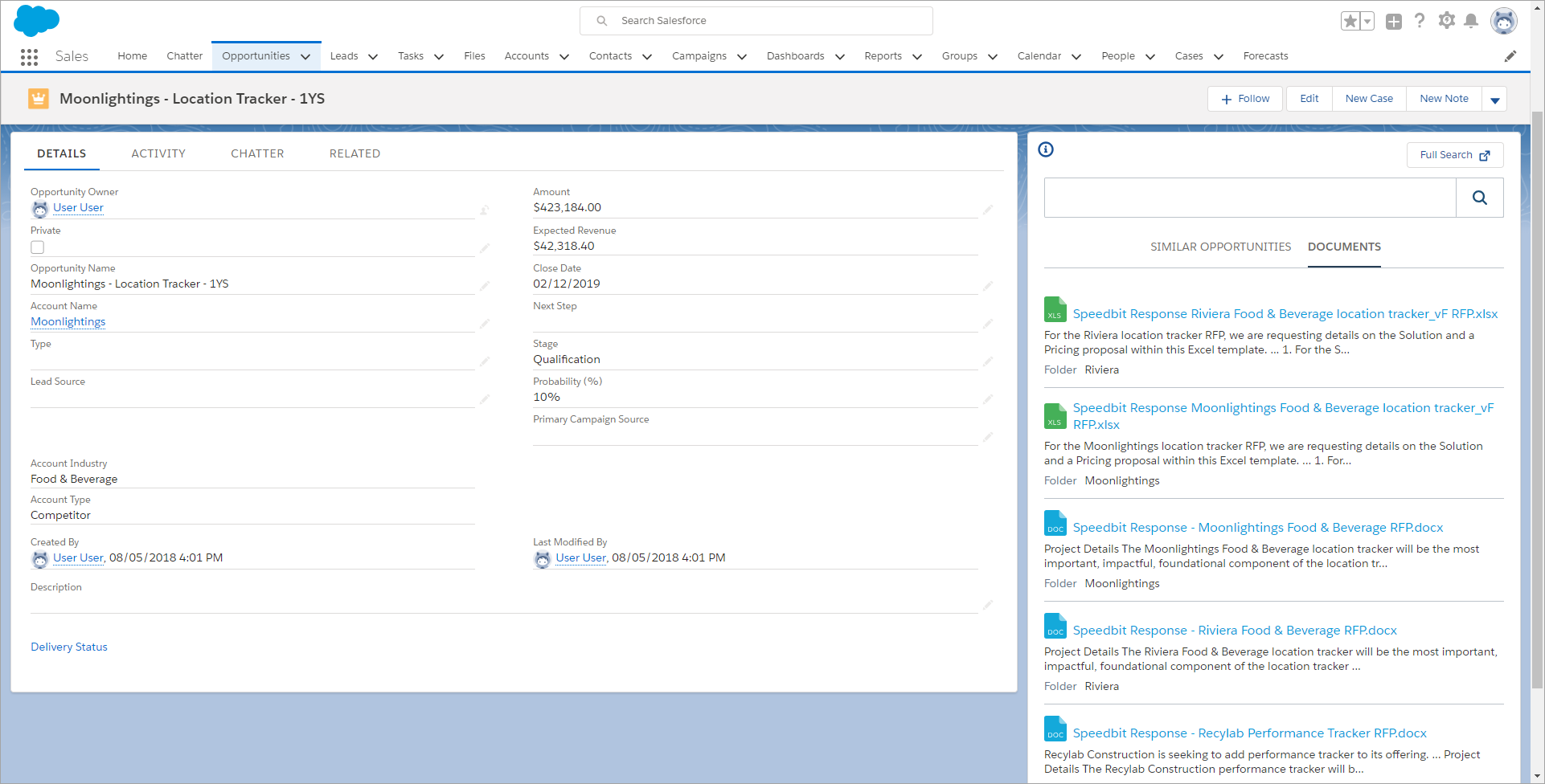 Salesforce Lightning opportunity page with Coveo for Salesforce panel suggesting similar opportunities and documents
