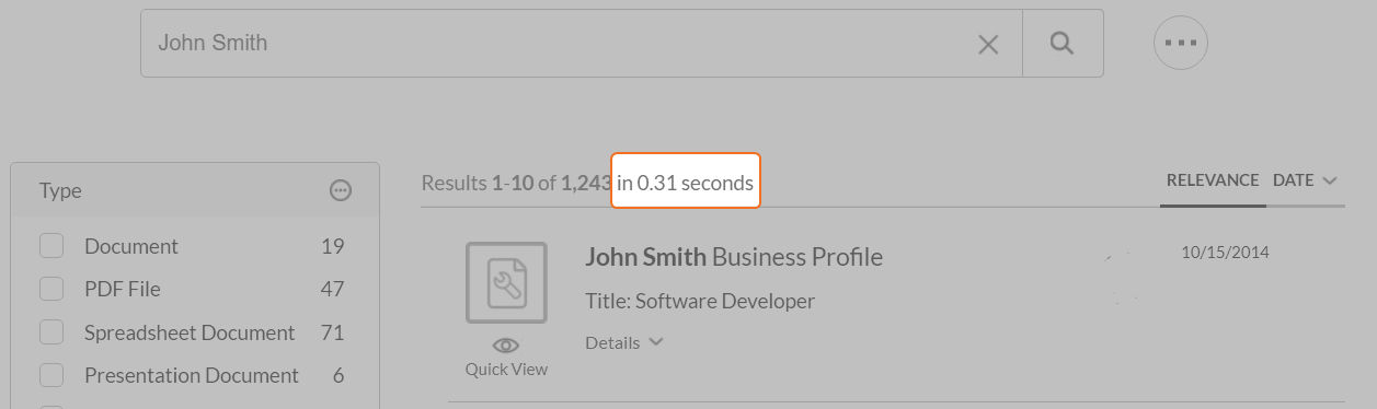 Search response time highlighted in a Coveo-powered search interface