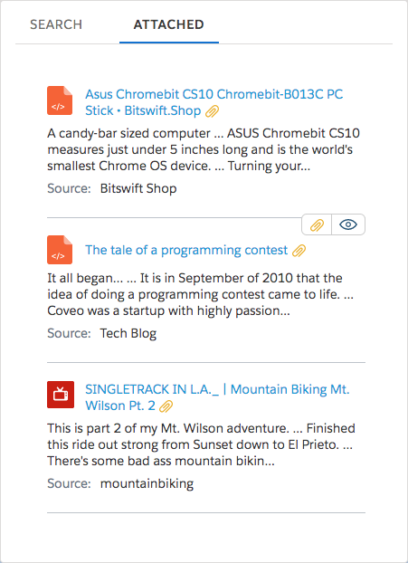 Coveo search panel in Service Cloud displaying attached documents with titles sources and snippets