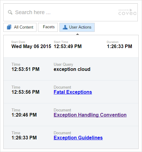 Table listing user actions and timestamps including Exception Guidelines and Fatal Exceptions in Coveo Platform interface