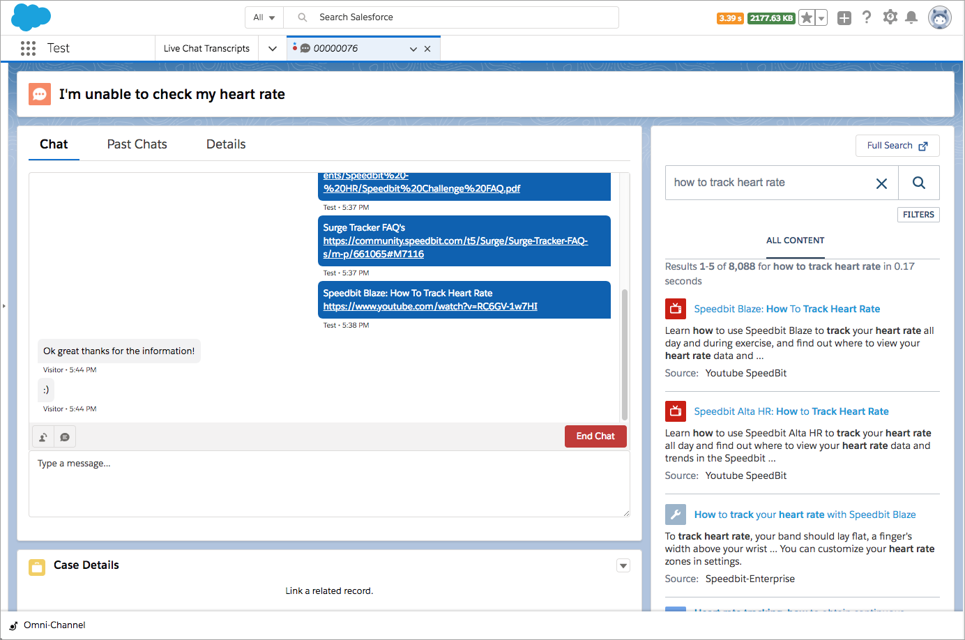 Salesforce Live Agent panel with Coveo search results for how to track heart rate displayed alongside chat transcript