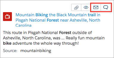 Mountain Biking the Black Mountain trail search result with action icons in Coveo interface - Coveo Platform
