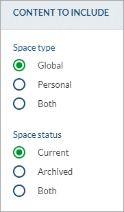 Coveo Confluence source creation page with radio buttons for space type global personal both and space status current archived both