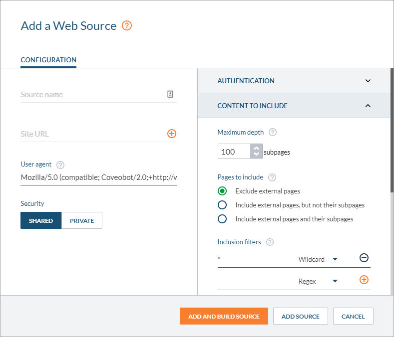 Add a Web Source configuration page with user agent security authentication and inclusion settings in Coveo Platform