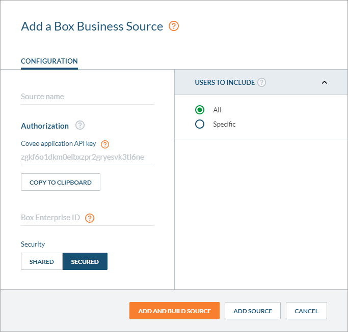 Coveo Add a Box Business source wizard with configuration and user selection fields