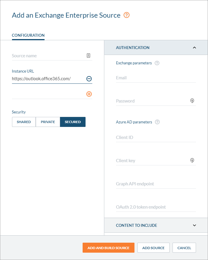 Add Exchange Enterprise source form with fields for instance URL authentication and content selection Coveo Platform