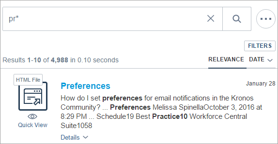 Coveo search results for wildcard query showing 4 988 results filters and Relevance Date options