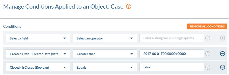 Coveo Platform Manage Conditions panel listing two filters for Created Date greater than 2017-06-01 and Closed equals false