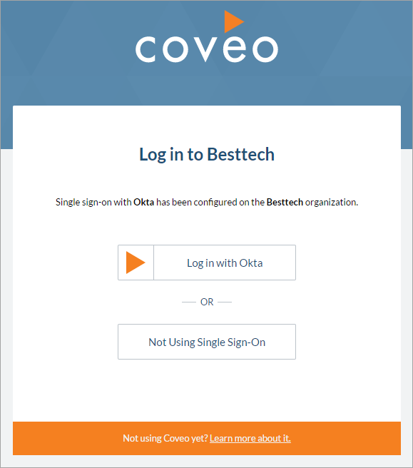 Coveo Besttech login page offering Login with Okta button and Not Using Single Sign-On link