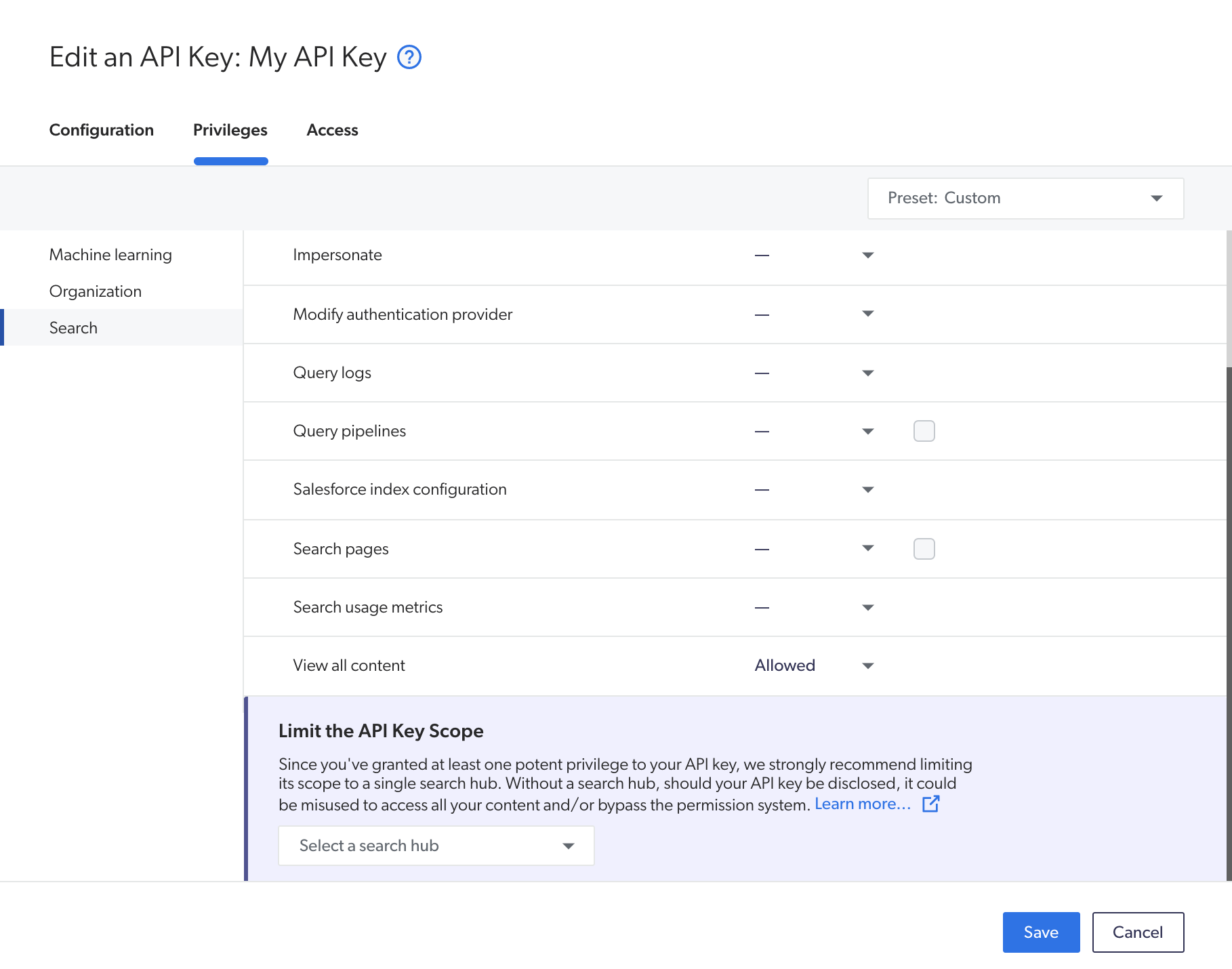 API Key Privileges Panel