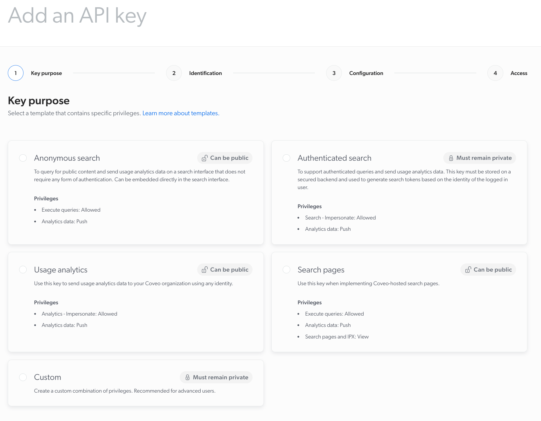 Coveo Administration Console - Updated API key management system