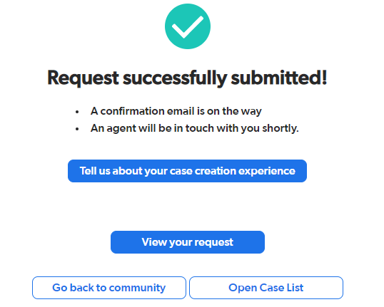 Coveo Connect support case confirmation page