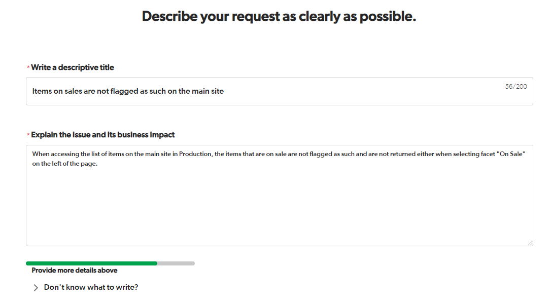 Coveo Connect support case description page top