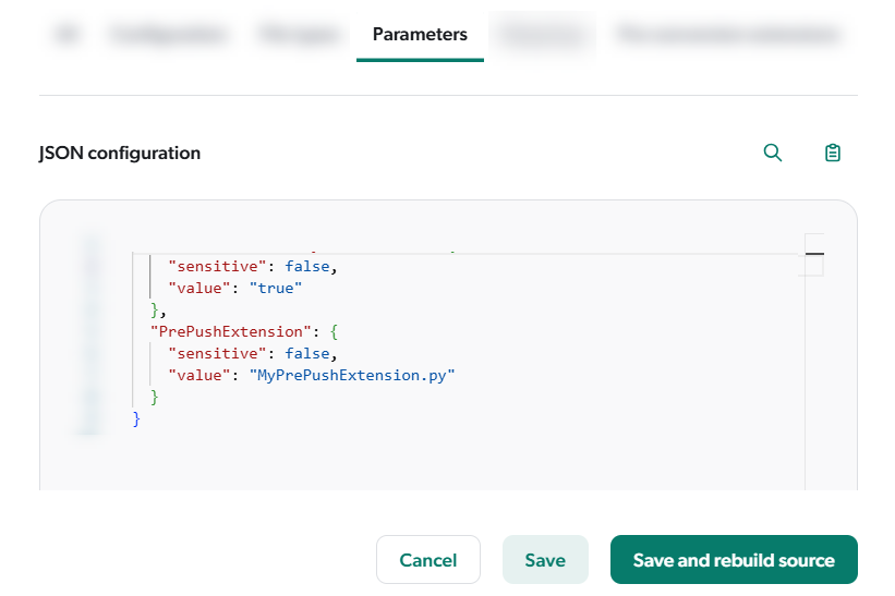 The pre-push configuration in the source JSON | Coveo