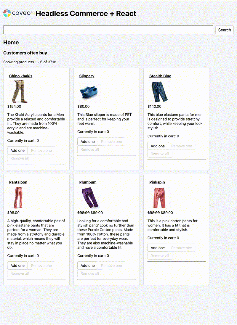 Coveo Headless Commerce search box showing instant products and filter suggestions as the user types