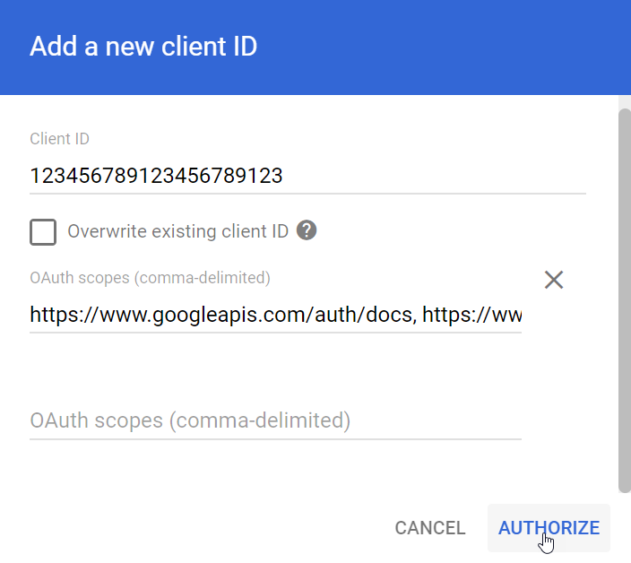 Authorize client ID and scopes | Coveo