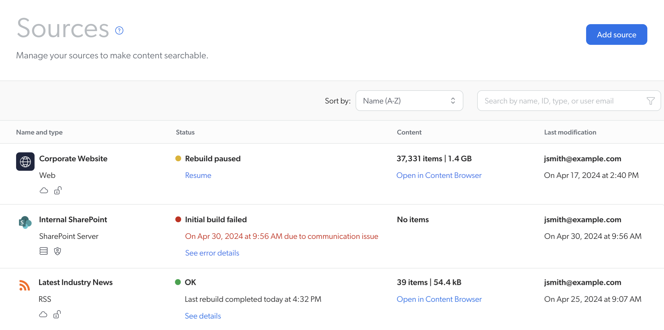 Sources page of the Coveo Administration Console