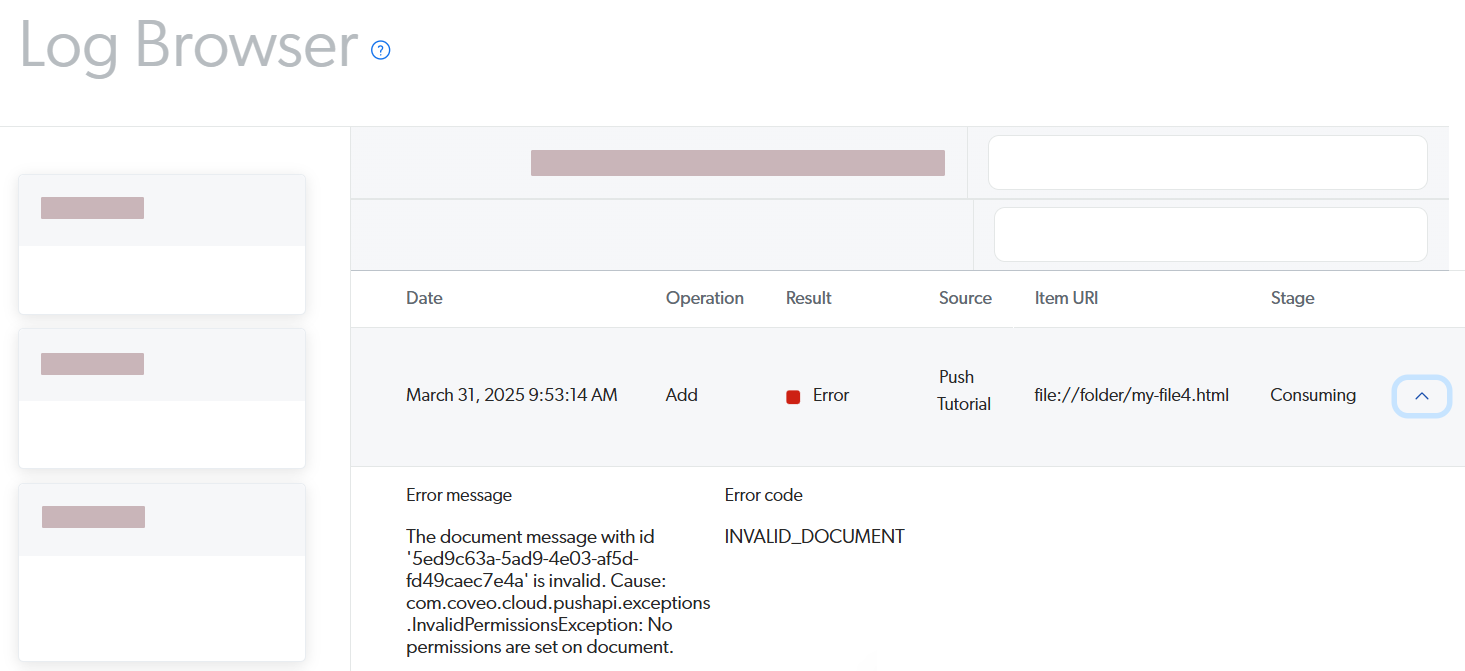 Log browser showing permissions error | Coveo