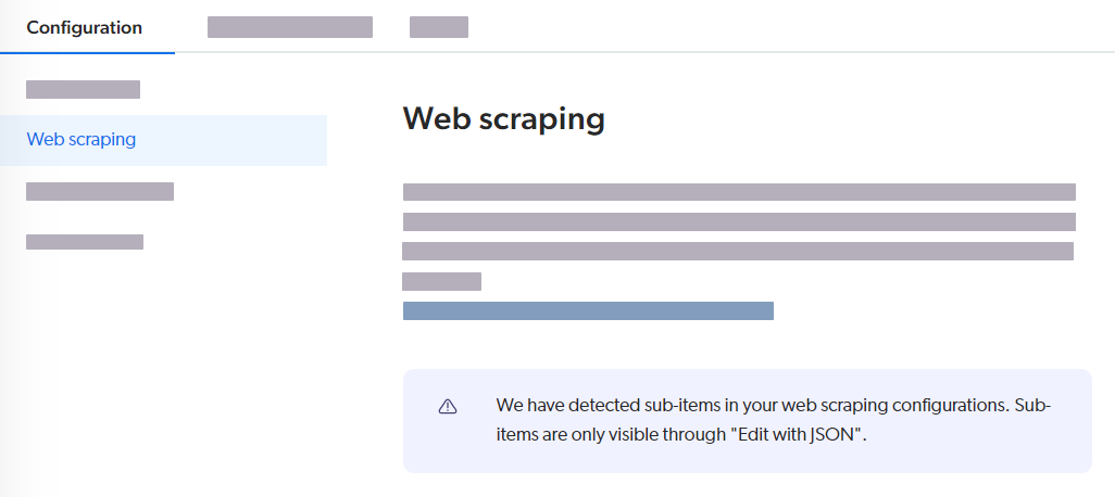 Message shown in the Web scraping tab when sub-items are configured | Coveo