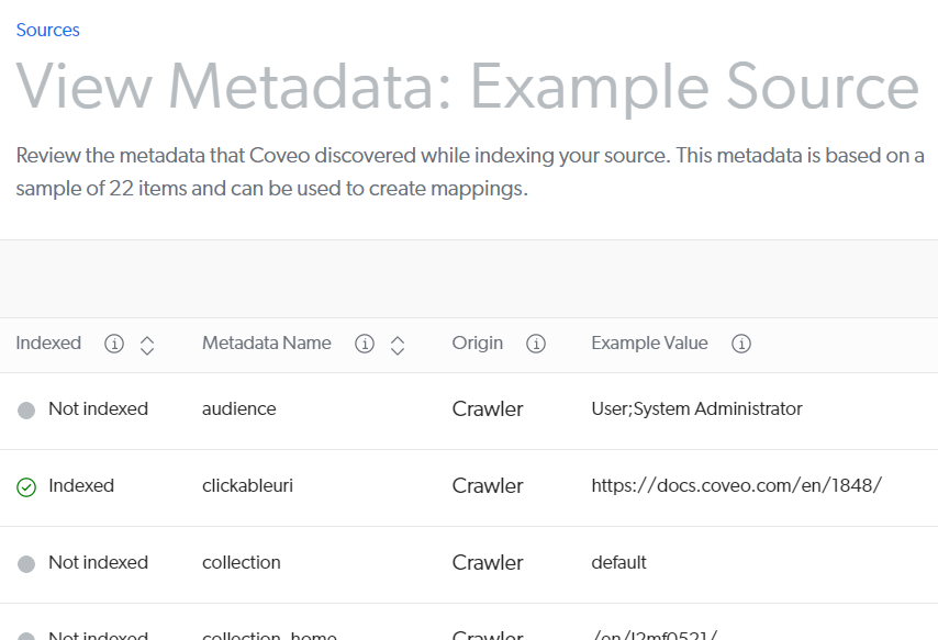 View metadata feature showing mapped and unmapped metadata | Coveo