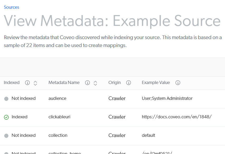 View and map metadata subpage | Coveo