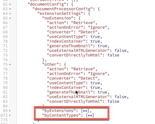 JSON configuration with byExtensions and byContentTypes sections highlighted | Coveo