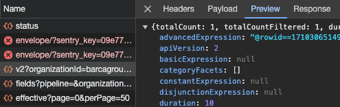 Coveo call in the developer tools