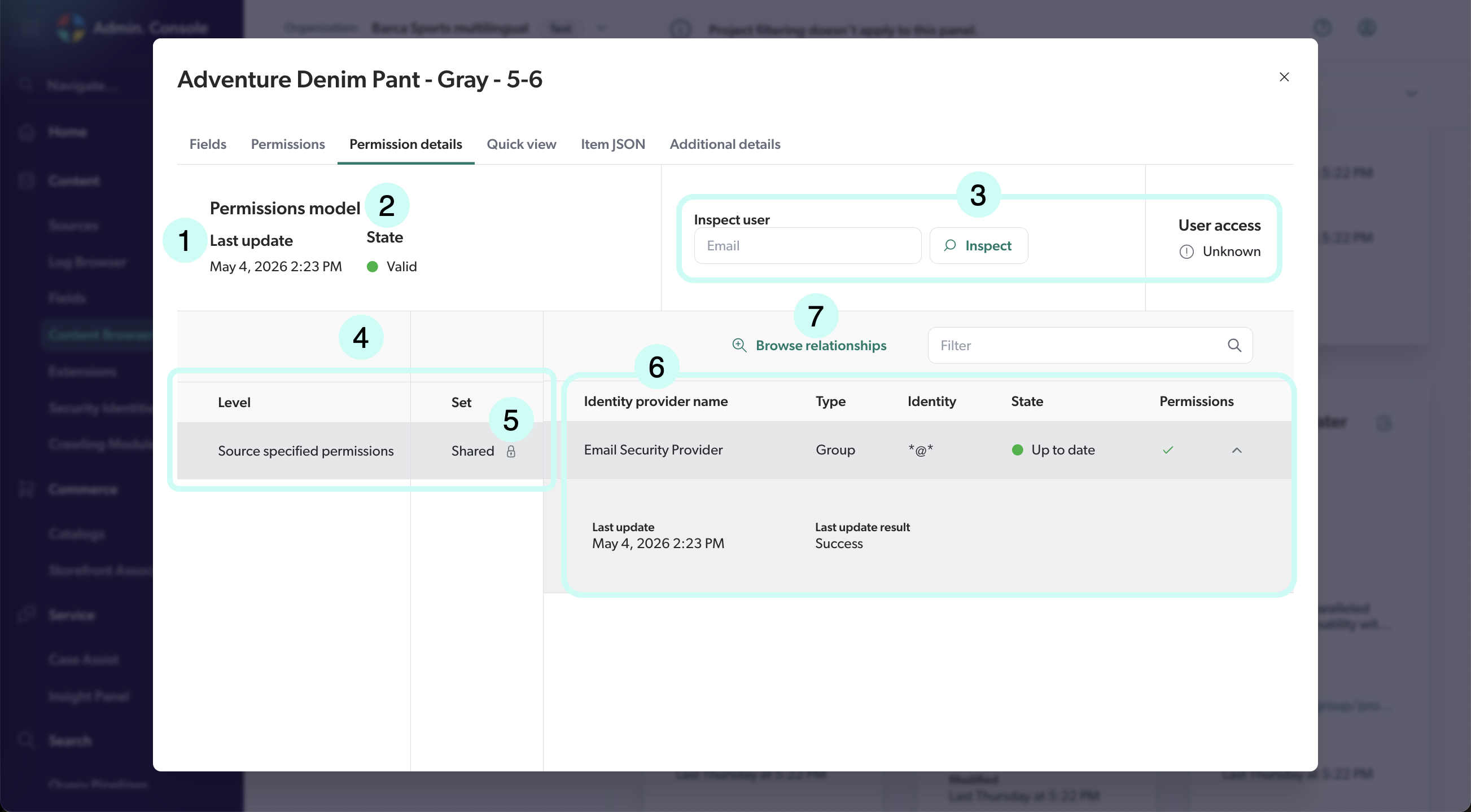Permission details tab of a Coveo item