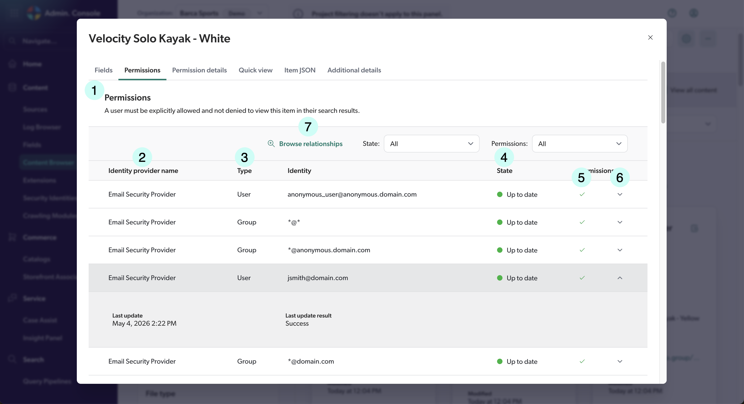 Permissions tab of a Coveo item