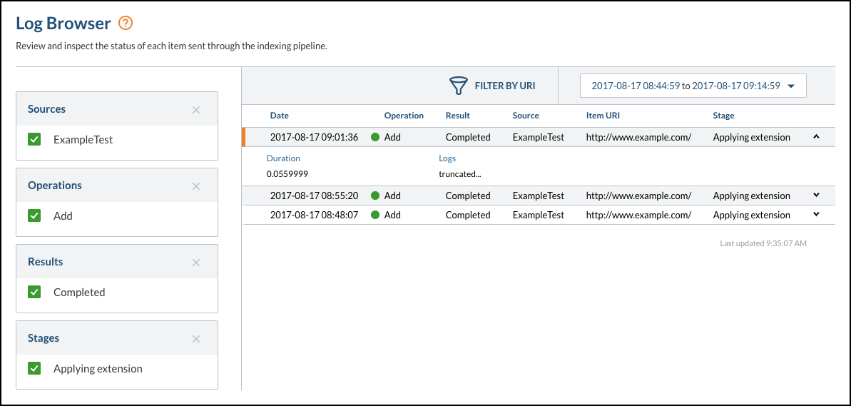 Coveo Log Browser interface showing a log entry with truncated