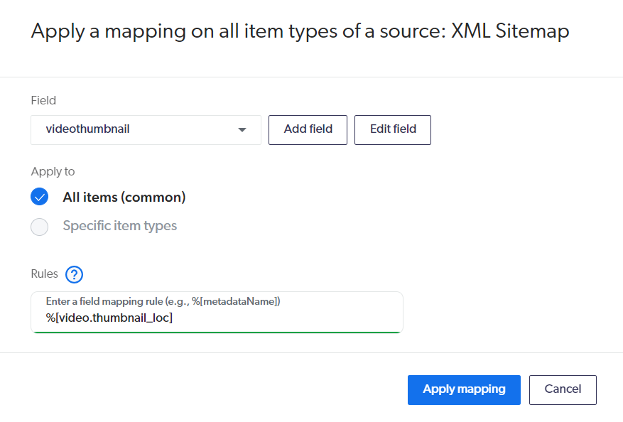 Mapping rule configuration for a Sitemap source in the Coveo Administration Console
