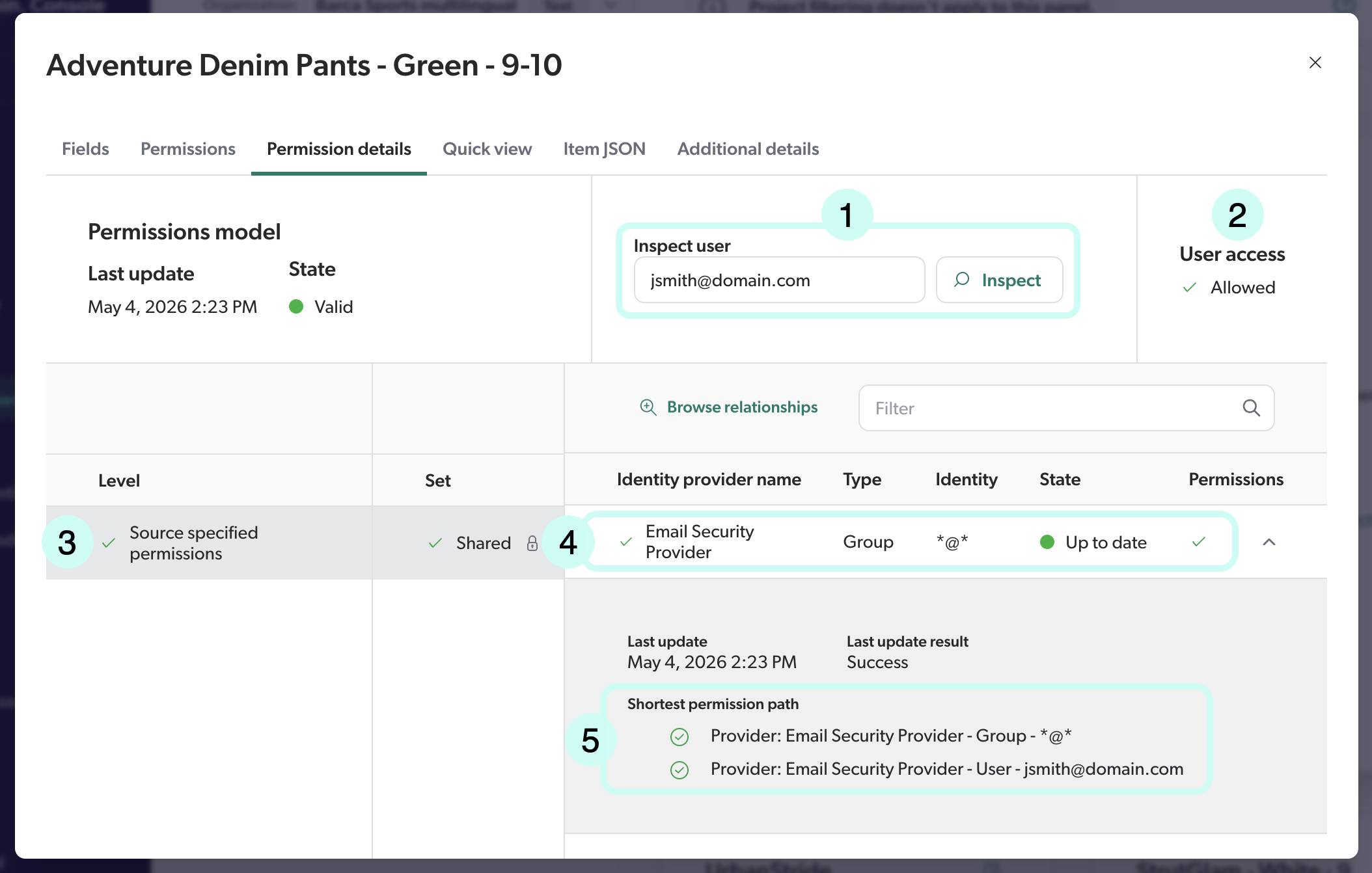 Permission details tab of a Coveo item
