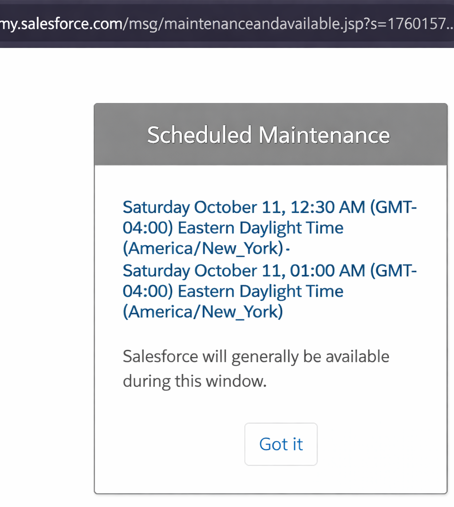 Salesforce scheduled maintenance popup
