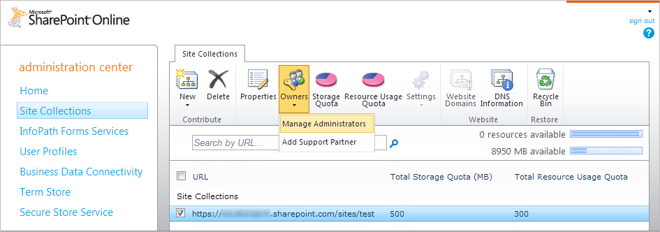 Selecting site collections in SharePoint Online | Coveo