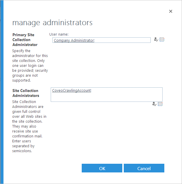 Setting the crawling account as site collection administrator on the selected collections in SharePoint Online | Coveo