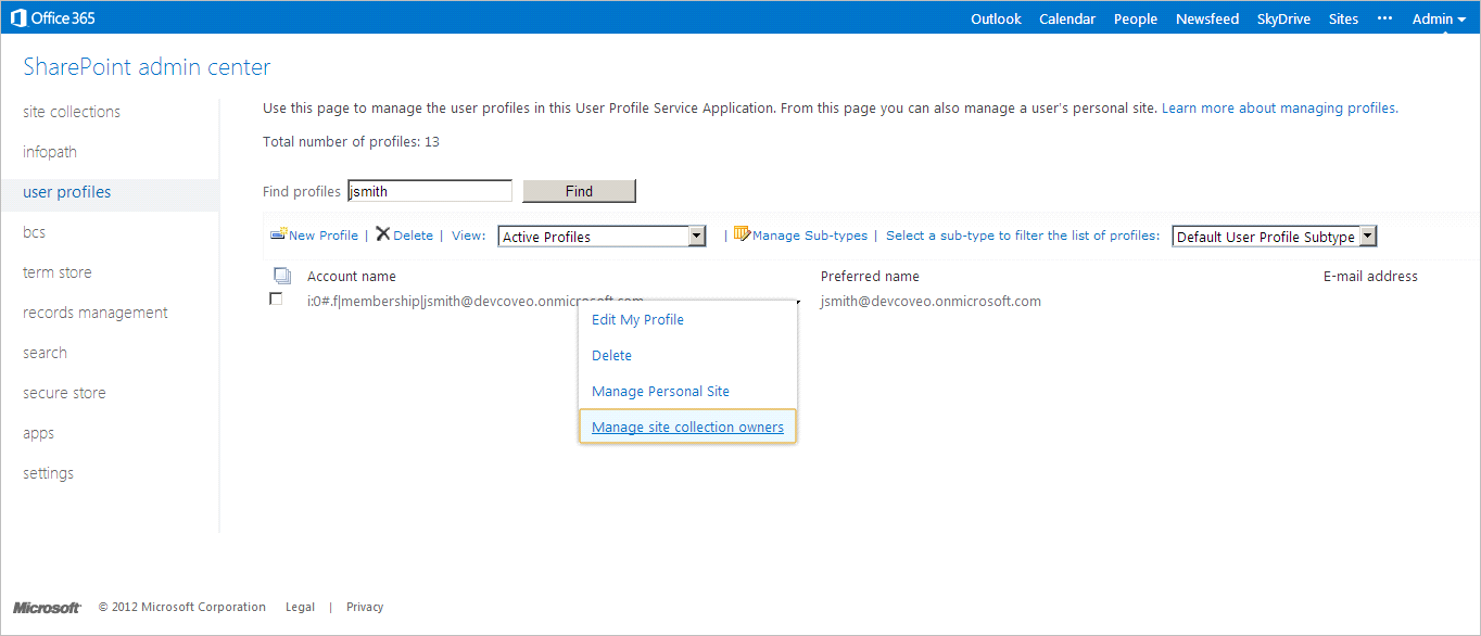 Selecting user profile to manage in SharePoint Online | Coveo